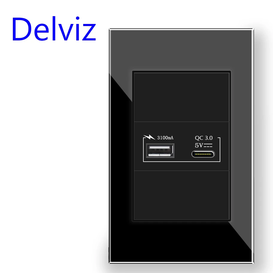 Delviz 1A1C Quick charge port, White/Black Toughening Crystal Glass Panel 120mm*72mm, Brazil standard 18W Type C USB Wall Socket