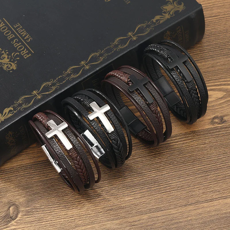 Men Punk Leather Woven Bracelet Jesus Cross Charm Wrap Boho