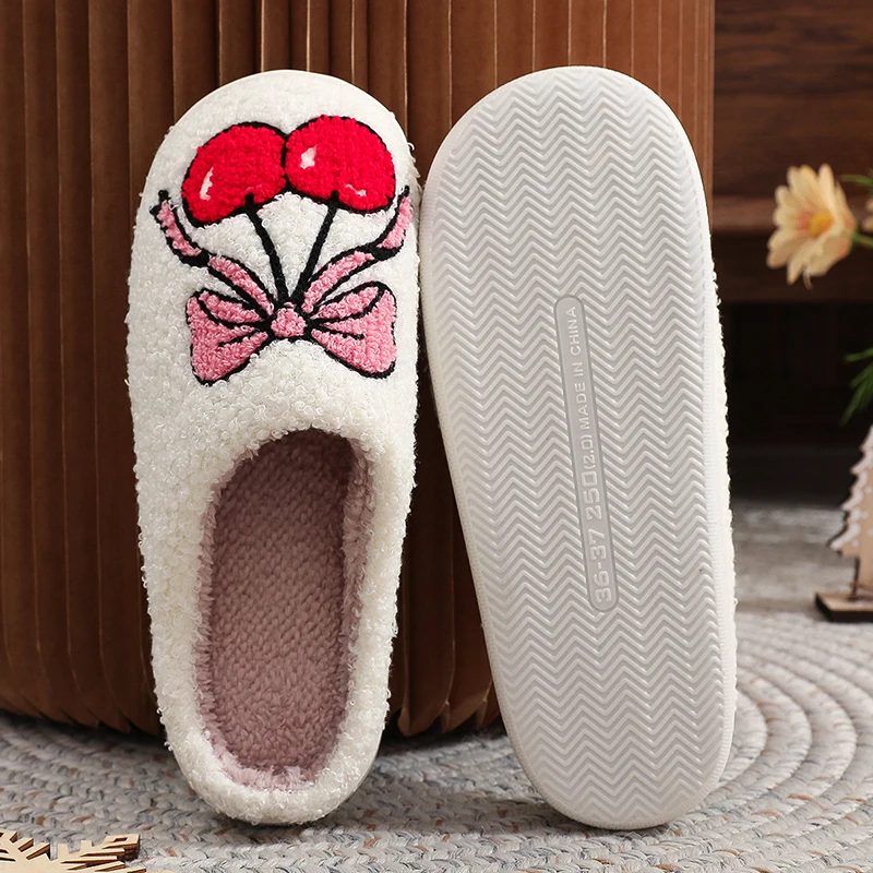 Fashion Bowknot Embroidery Cotton Slippers Women Soft Sole Winter Warm Home Shoes Woman Indoor Non Slip Plush Slides Female 45