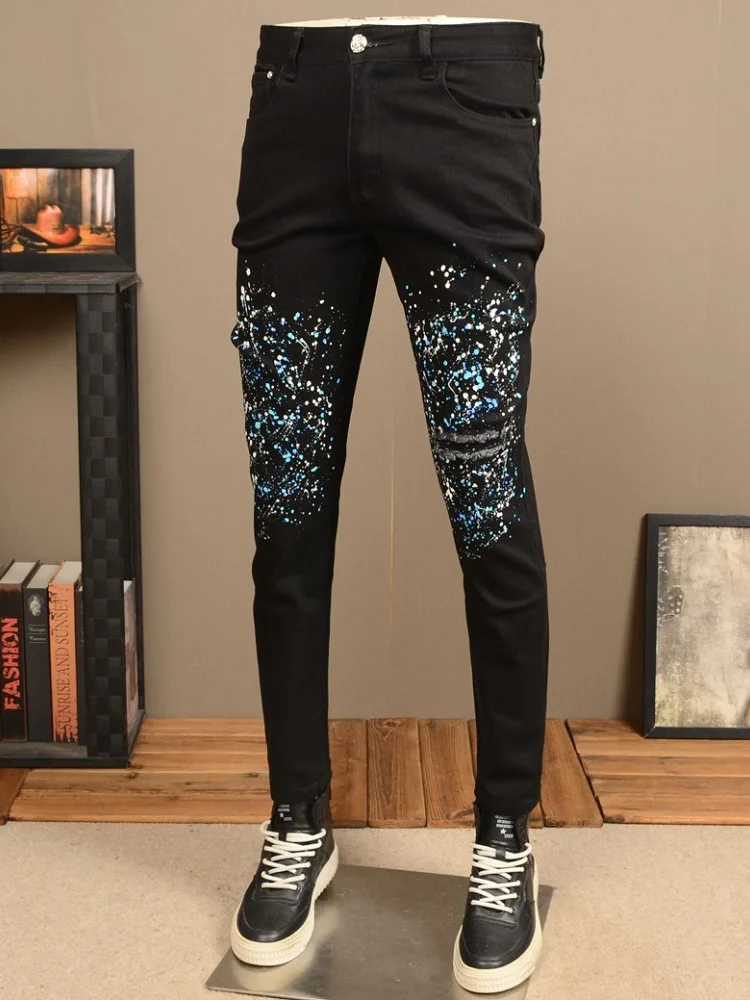 Autumn Black Jeans Men Dots Printed Slim Fit Pencil Pants Streetwear Casual Ripped Patch Denim Trousers