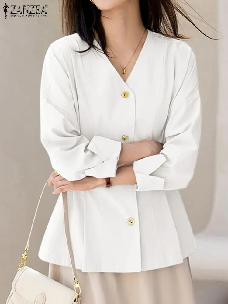 

Элегантная Женская Осенняя офисная блузка ZANZEA 2023 Повседневная однотонная Туника Топы женские офисные Блузы рубашка с V-образным вырезом рубашка с длинным рукавом