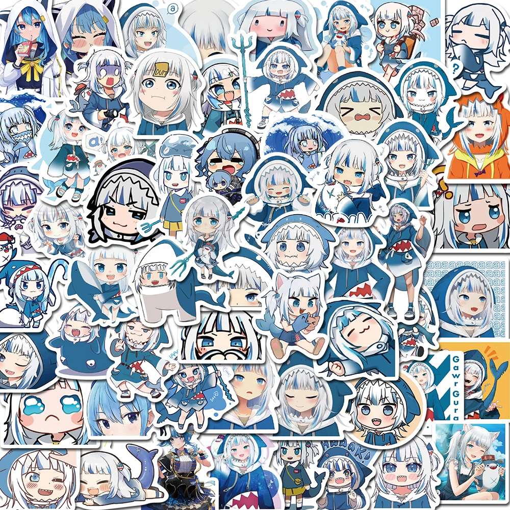 10/60pcs Kawaii Anime Girl Gawr Gura Stickers Cartoon Cute Shark Waterproof Decals Skateboard Sticker For Laptop Suitcase Guitar 50pcs set bungo stray dogs hot anime diy doodle decorative waterproof stickers creative stationery guitar tablet suitcase