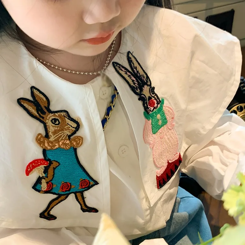 3-8T Puff Sleeves Baby Girl Shirt Long Sleeve Cartoon Embroidery Shirt Big Lapel Cute Blouse Autumn Spring Korean Casual Tops