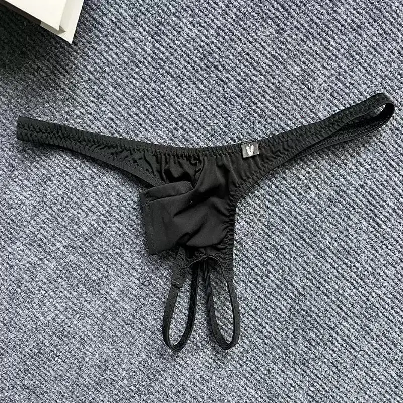 Men's Sexy Low Waisted Thong With Short Elephant Trunk  Ice Silk Thin Cut Hollowed OutThin Straps Solid Color Underware