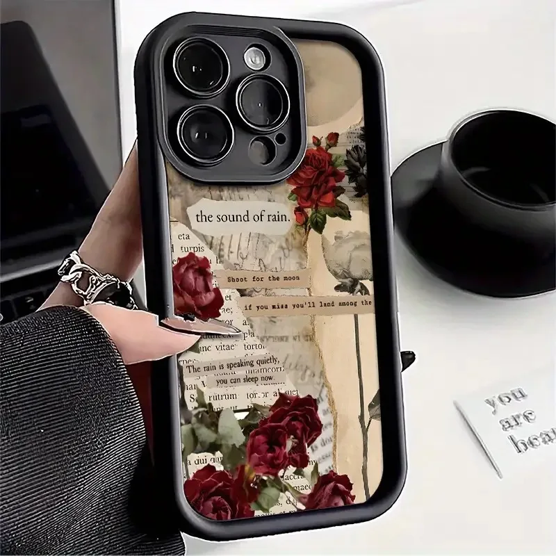 Vintage Red Floral Newspaper Print Silicone Phone Case For IPhone 17 16 15 14 13 12 11 Pro Max XS X XR 7 8 Plus 16E 17 Air Cover_voghion.com