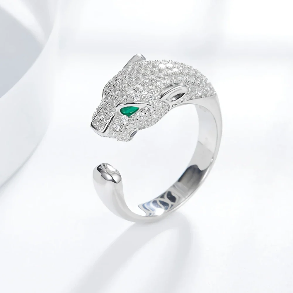 Edle Ringe aus 925er-Sterlingsilber mit edlem Kristall und Leopardenkopf für Damen, Herren, lässige Mode, Party, Hochzeit, Verlobung, Schmuck