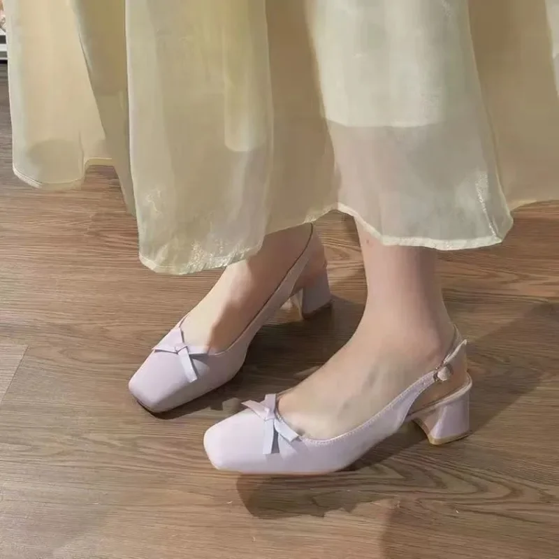 2024 Woman Light Purple Bow Thick Heels High Heels Fairy Style Dress Women's Shoes Office Casual Single Shoes Tacones Gruesos 4