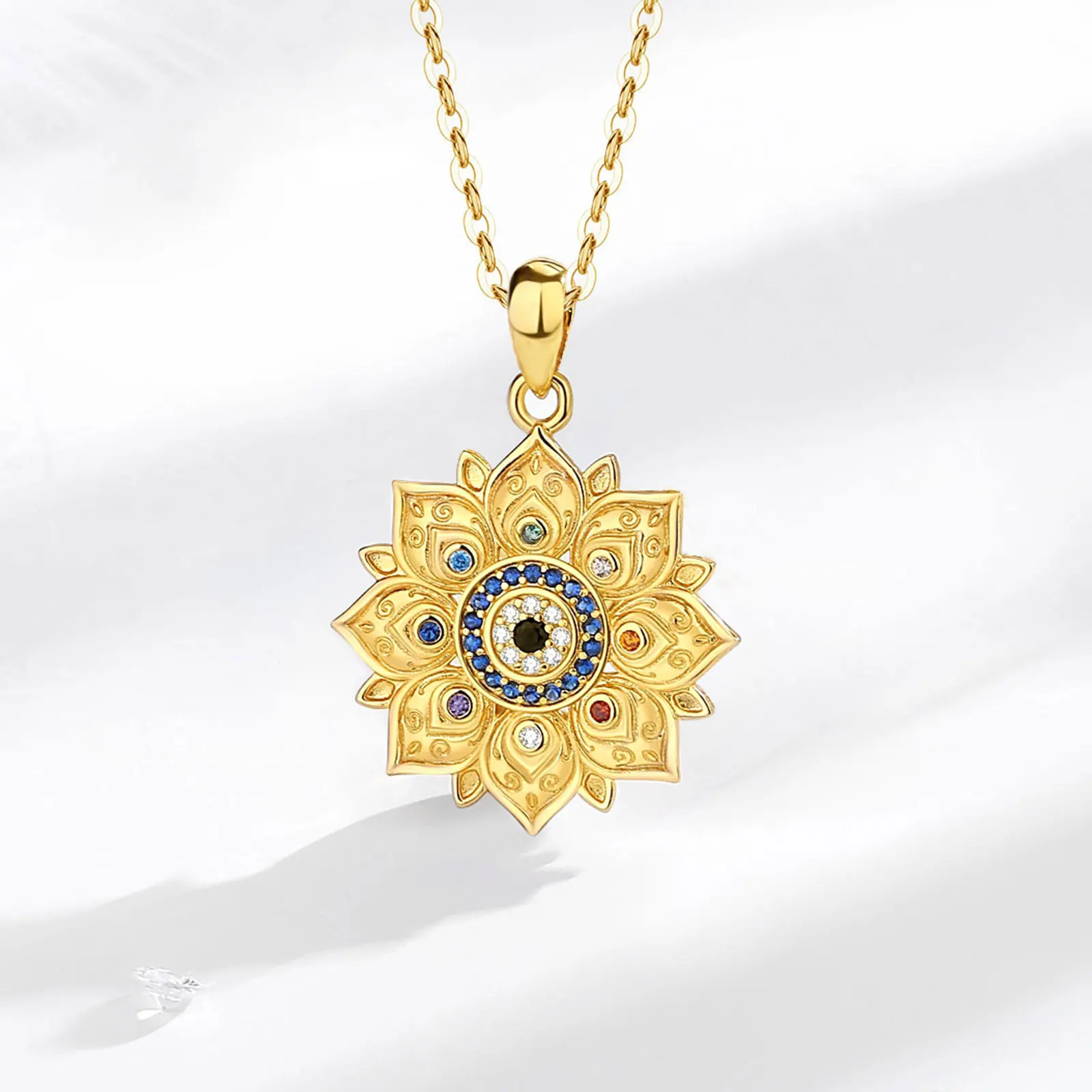 Eudora 925 Sterling Silver Lotus Evil Eye Necklace for Women Man 18K Gold Flower 7 Chakras Amulet Pendant Personality Jewelry