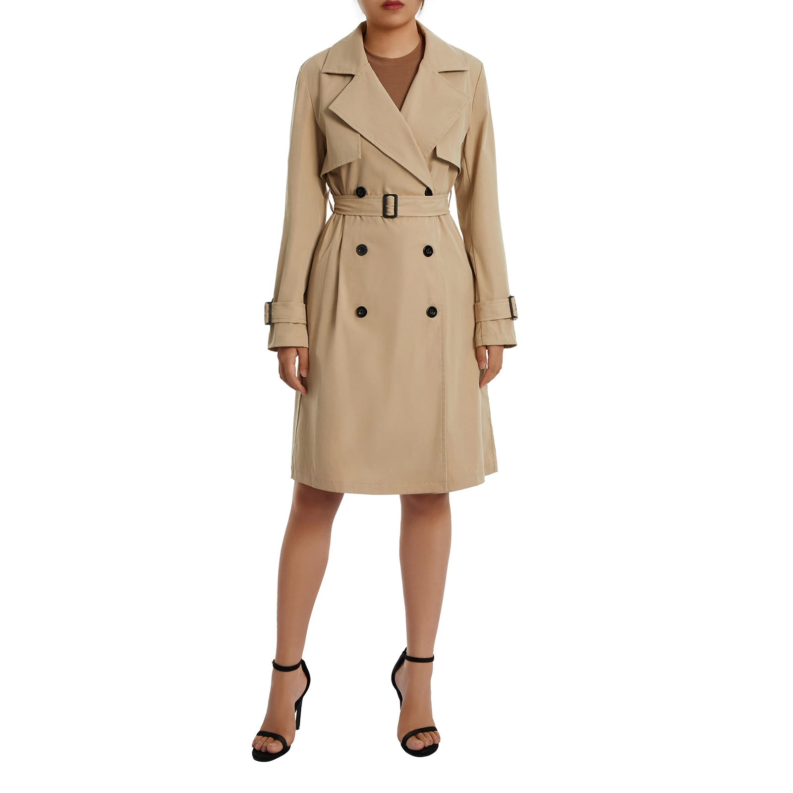 

Autumn Fashion Women Casual Solid Color Trench Coat Ladies Elagant Long Sleeve Lapel Neck Double Breasted Belted Trench Coat