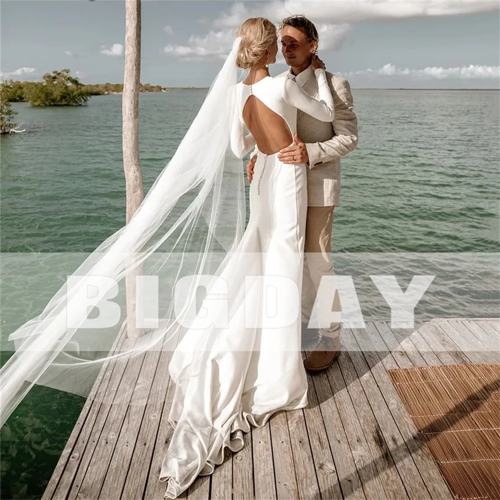 Elegant Mermaid Wedding Dresses Long Sleeve O-Neck Open Back Simple Button Satin Bridal Gown Train Vestidos De Noiva Customized 2