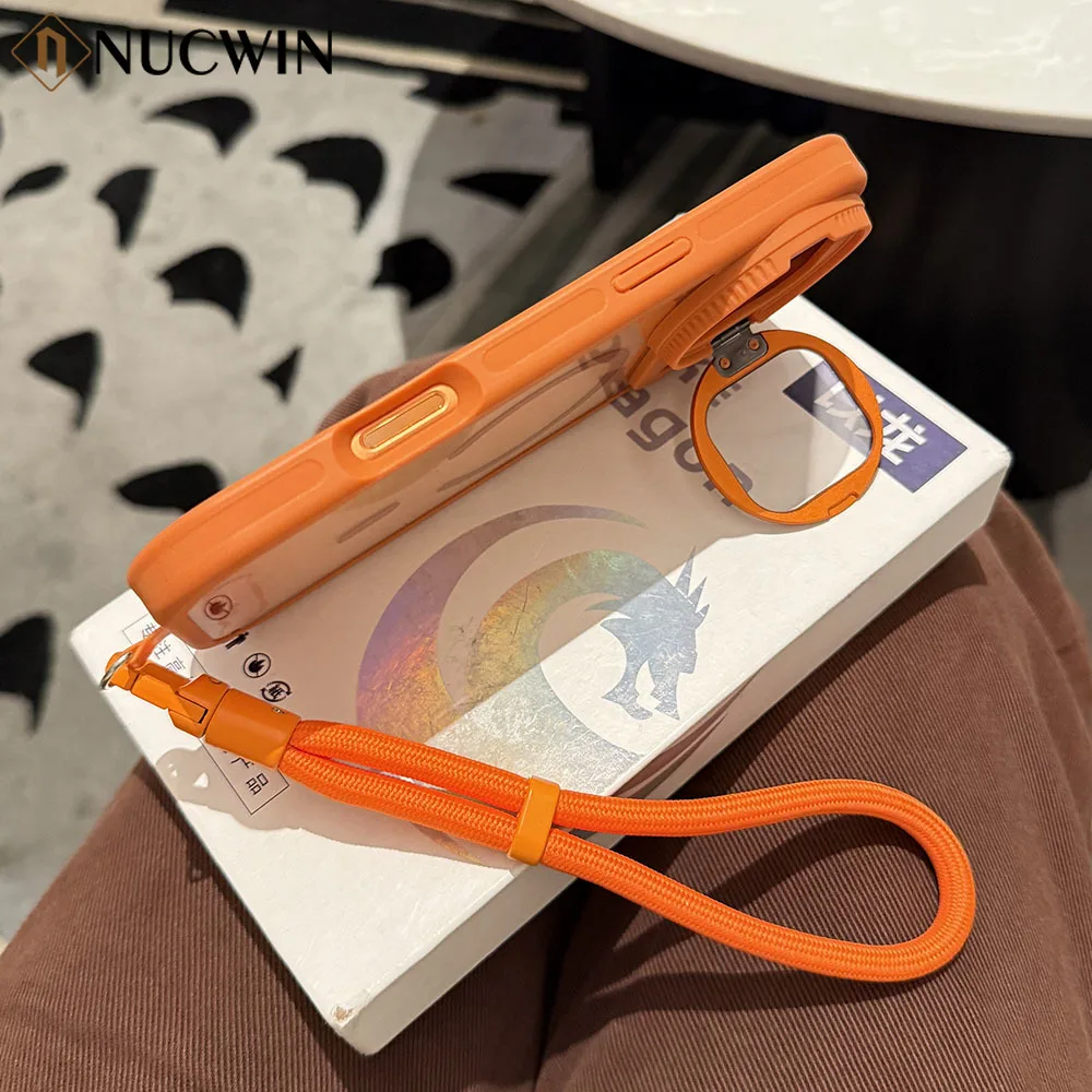 Luxury Magnetic Lens Bracket Lanyard Phone Case with Air Flip Stand and Transparent Cover