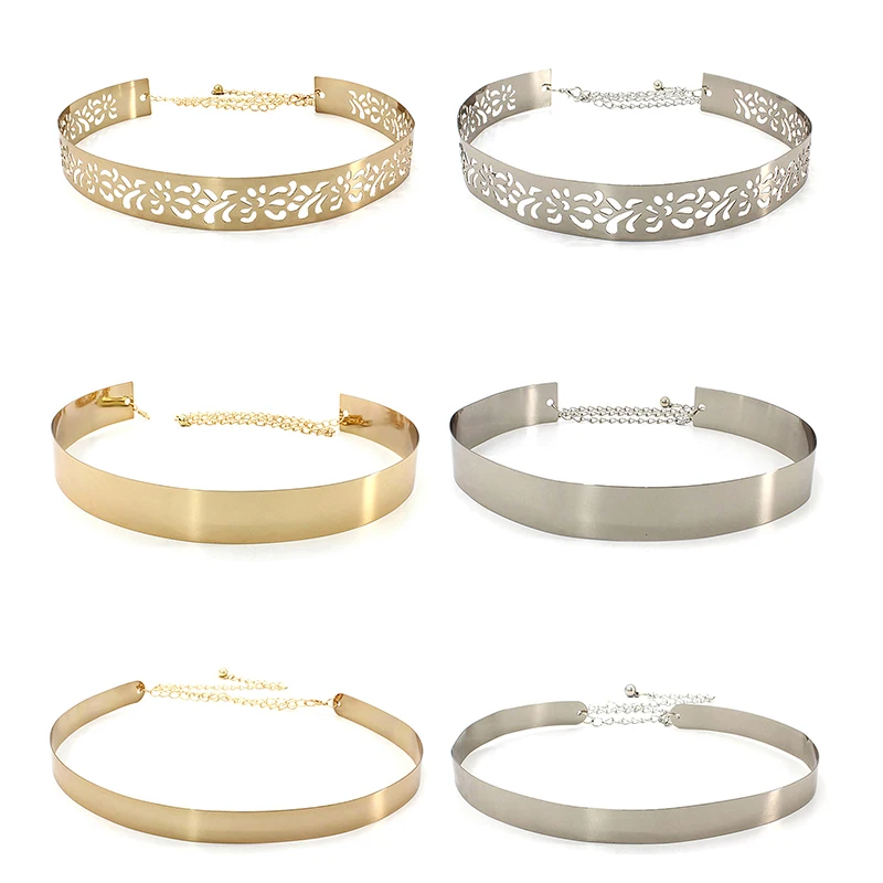 

Fashion Women Adjustable Metal Waist Belt Bling Gold Silver Color Plate Vintage Lady Simple Chains Belts Mirror Waistband