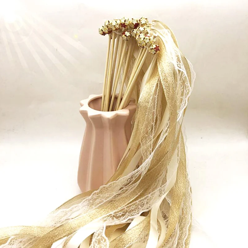 Ribbon Wedding Wands Lace Stick Bells Twirling Streamers Supplies 5Pcs