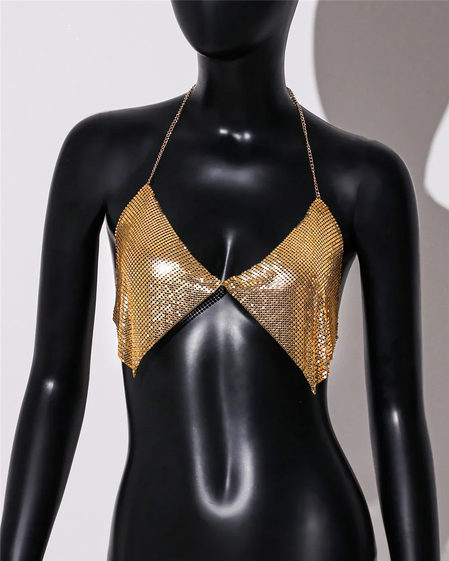 Akyzo Mode Metall Pailletten Leibchen Sommer Frauen rücken frei Neck holder Hals von der Schulter Crop Top Rave Vocal Konzert Tank Top – Detail 13