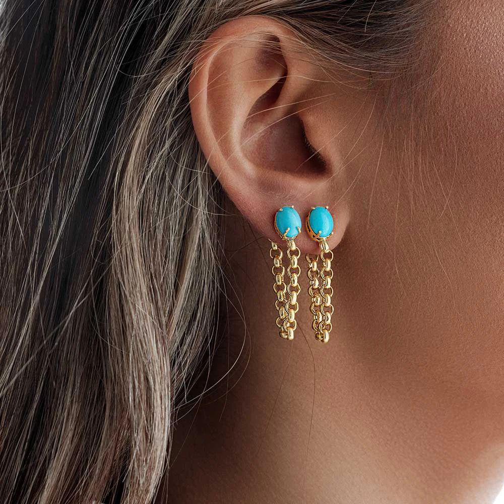 

CANNER Four Claw Turquoise Tassel Chain Drop Earrings Popular S925 Sterling Silver Stud Earrings For Women Bohemia Retro Style