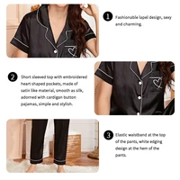 Heart Embroidery Satin Pajama Set Casual Short Sleeve Button Up Lapel Collar Top & Elastic Pants Pyjama Women's Sleepwear Pj Set - Image 5