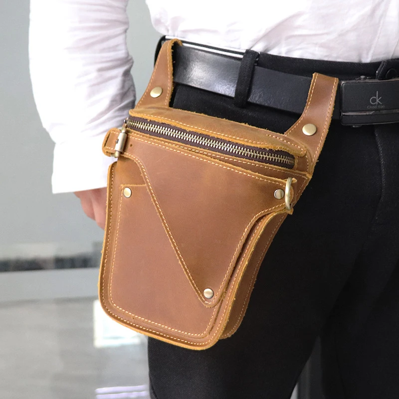 

Vintage Leather Fanny pack unique design retro crazy horse leather waist bag layer cowhide cross-body bag on belt