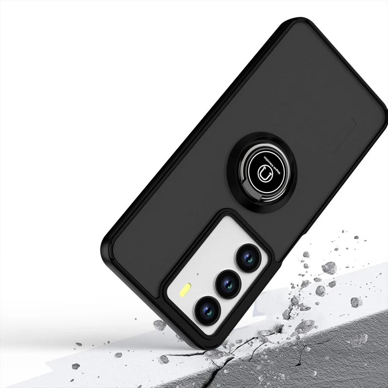 Shockproof Armor Phone Case with Lens Protection and Ring Holder - Matte Finish