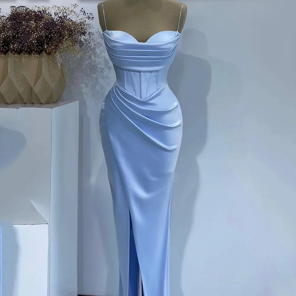 

Sky Blue Formal Evening Dresses Spaghetti Straps Dubai Draped Dubai Celebrity Party Gowns Arabia Side Slit Prom 2023 Robe De فسا