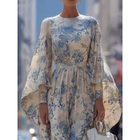 2026 Women's Sky Blue Flower Print Long Dresses Spring Autumn Loose Fit Batwing Sleeve High Waist O Neck Elegant Dress 196197 - Image 2