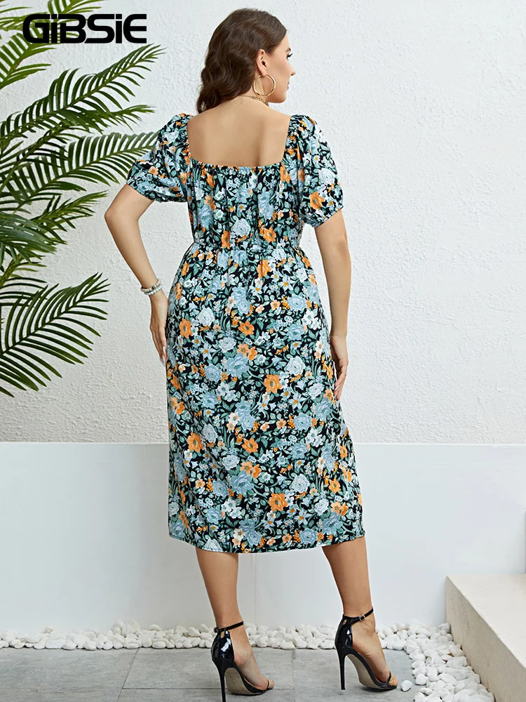 GIBSIE Plus Size Square Neck Floral Print Puff Sleeve Dress Women Summer  2023 Vacation Beach Bohemian Swing Long Maxi Dresses