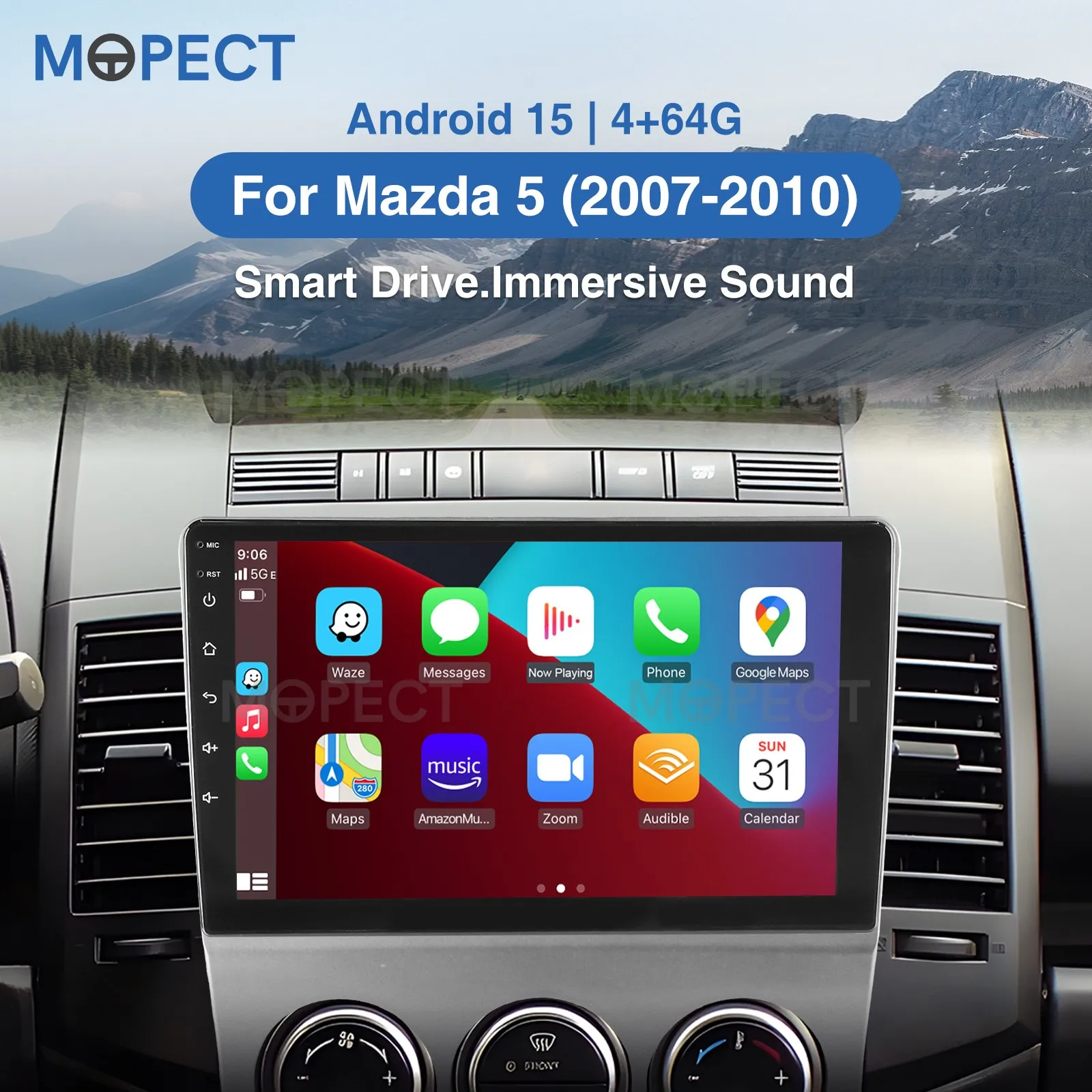 MOPECT 9-Zoll Android 15 CarPlay für Mazda 5 2007-2010 Head Unit Autoradio 4+64GB AM/FM GPS Navi SWC Bluetooth+DAB+DVR&Kamera – Detail 2