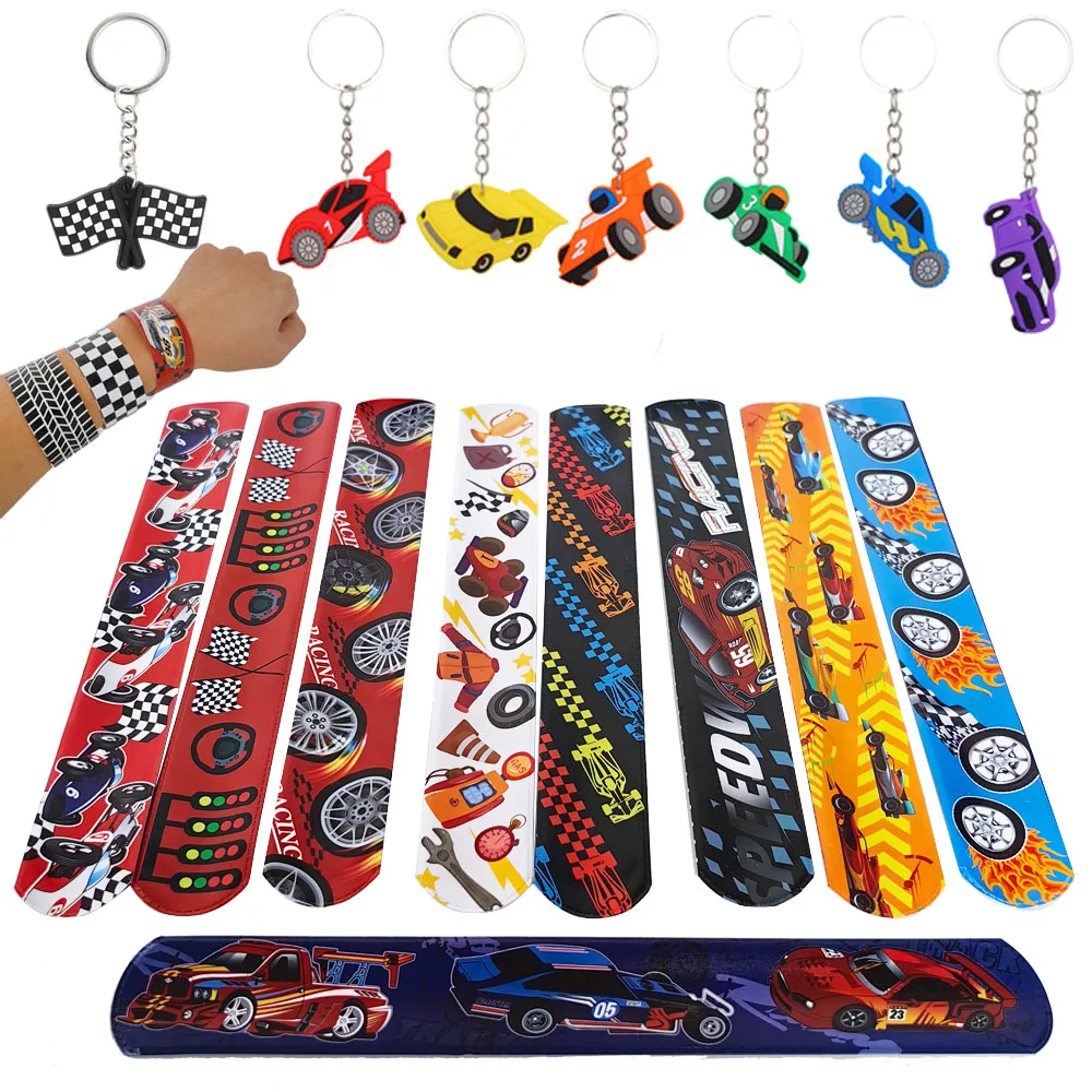 

12pcs Race Cars Party Favors Slap Bracelets for Kids Boys Rubber Bracelets Keychains Race Car Party Supplies Temporary Tattoos