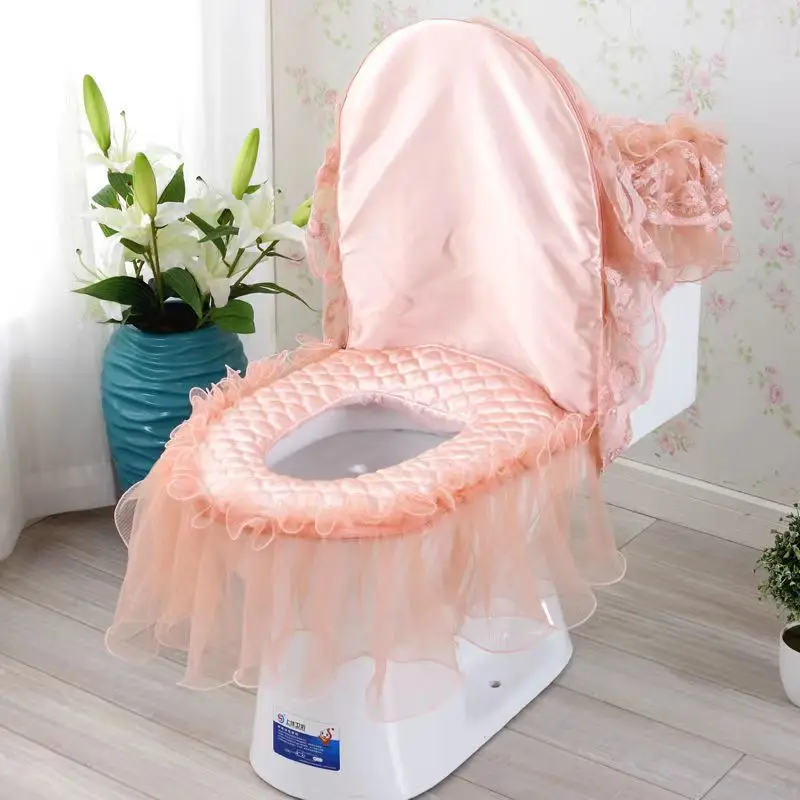 Orange Lace Toilet Seat Cover with Zipper 3-Piece Set Beautiful Warmer Pad Toilet Mat Washable Cloth Bathroom