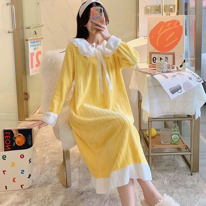 

Fleece Nightgown Sleepwear Womens Korean Style Ruffles Night Dress One Piece Pajamas Winter Long Sleeve Lace Home Wear 2023 New