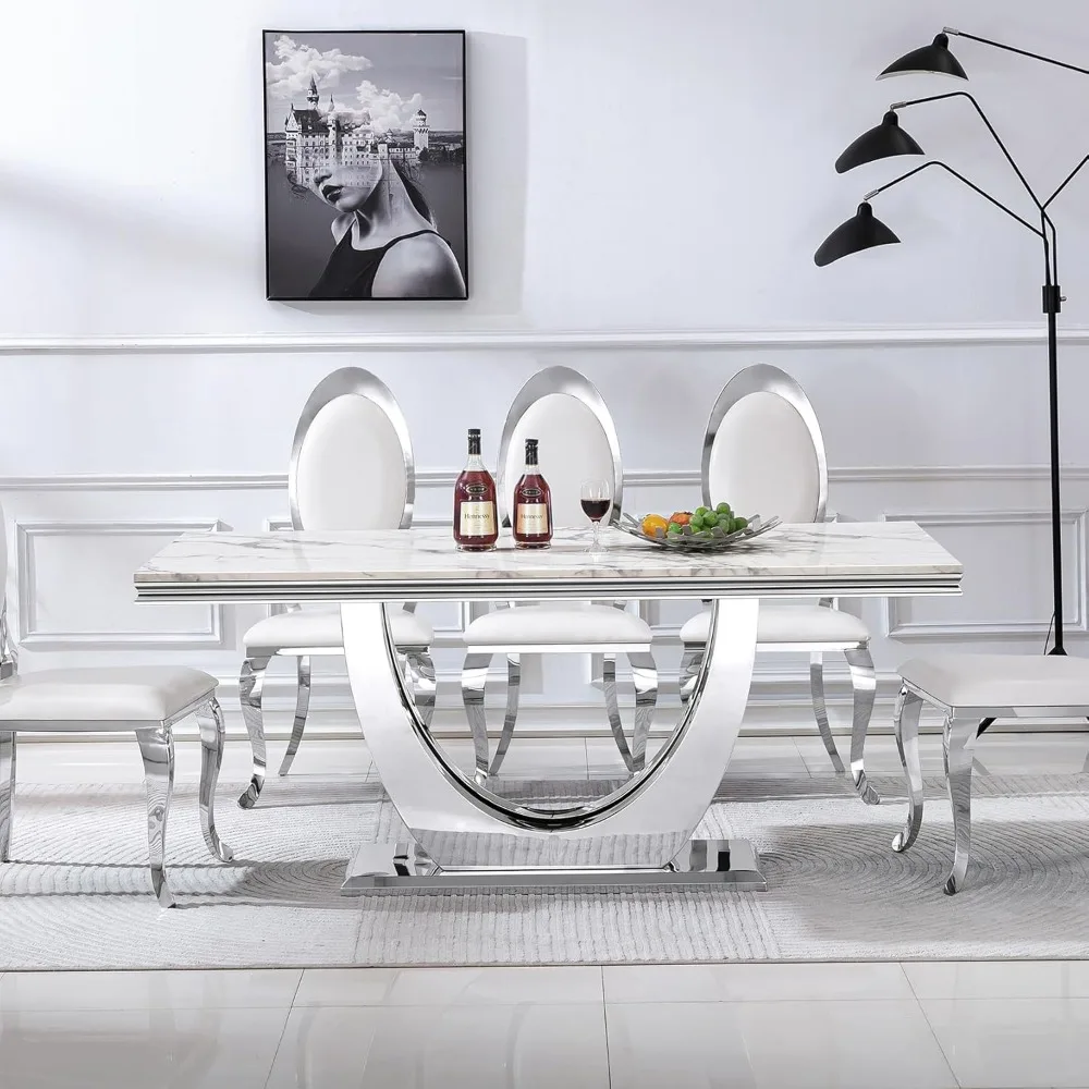 Dining Table Luxury Faux Marble Kitchen Table with Silver Mirrored Finish Stainless Steel Base,Rectangular Dining Room Table 4