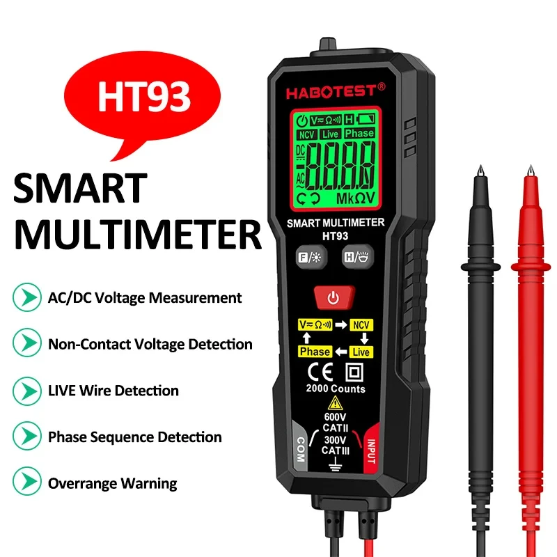 Smart Digital Multimeter AC/DC Voltage Votage Tester with Backlight Auto-Ranging Measures NCV Live Wire Tester 2000 Counts