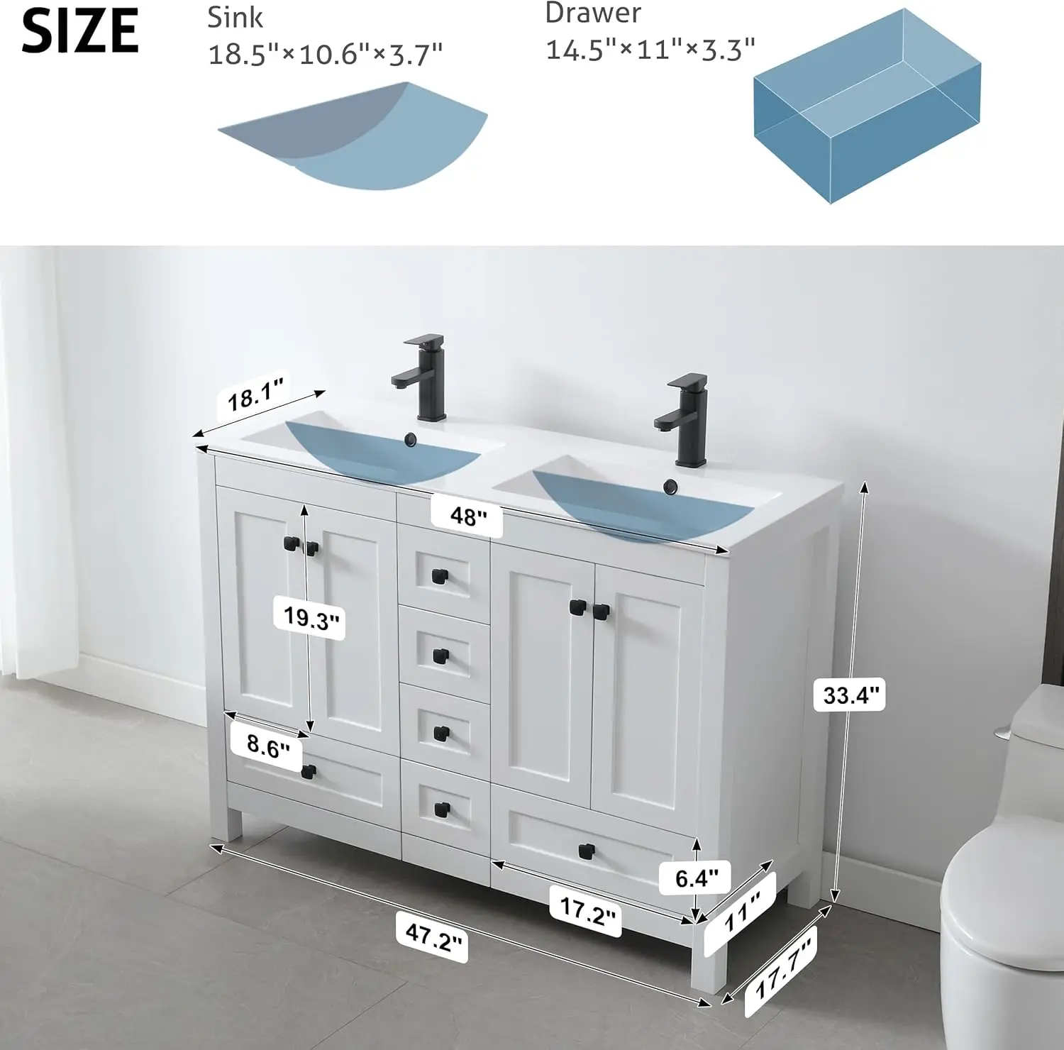 48" Bathroom Vanities Cabinet with Sink Combo Set, Undermount Double Resin Sink w/Thickened Wood, Matte Black Faucet 2