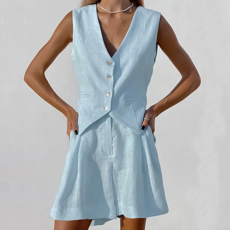 Women's Cotton Linen Elegant V-neck Sleeveless Vest & Shorts Set Temperament Commuting Summer Women Casual Short Pants Outfits