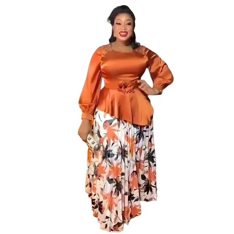 

African Clothes for Women Summer Fashion African Long Sleeve Polyester Print 2 Piece Top Long Skirts Matching Sets Outfits L-3XL