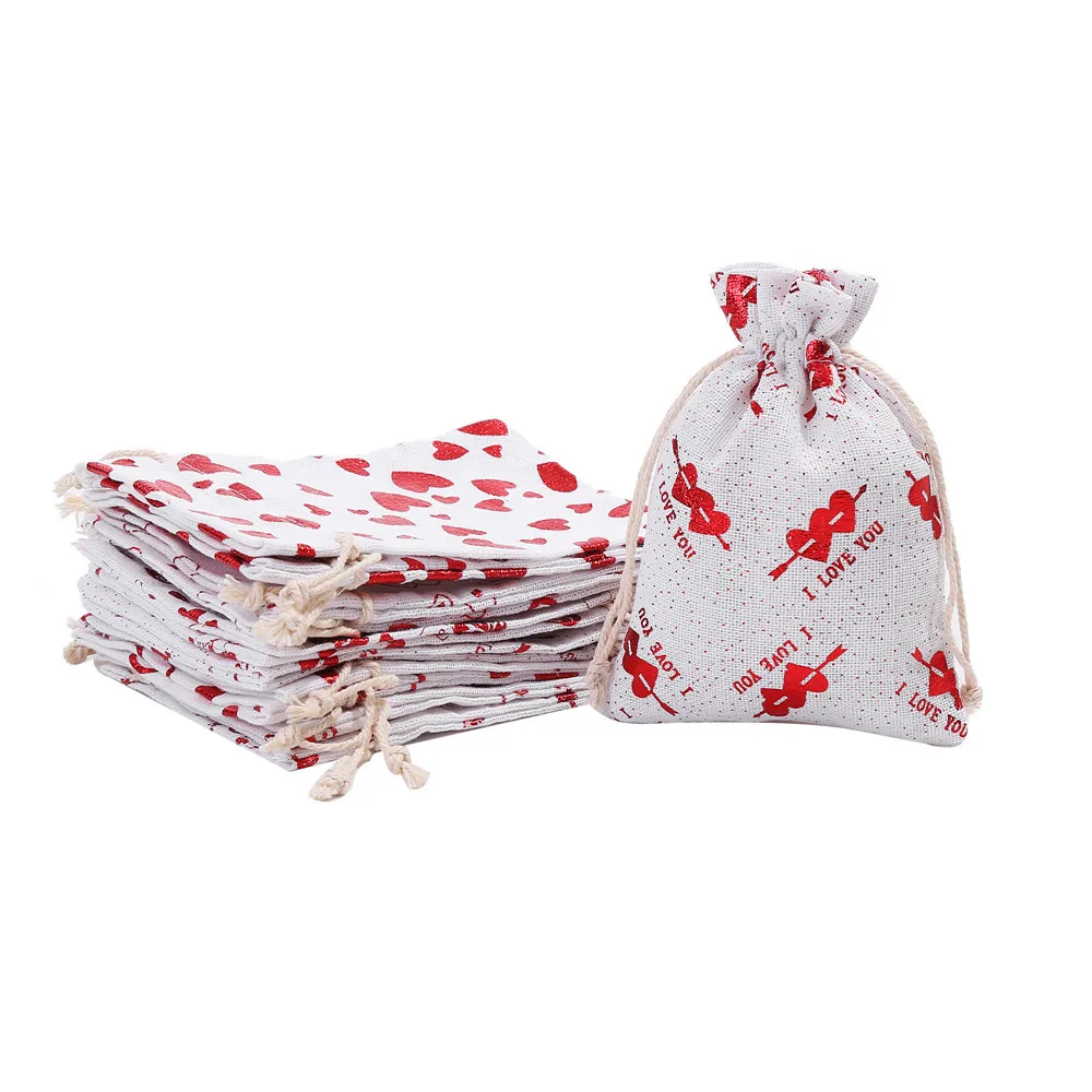 50 Pcs/lot Newest 10*14, 13*18cm Red Heart Cotton Drawstring Bags Valentine's Day Candy Gift Wrapping Bag