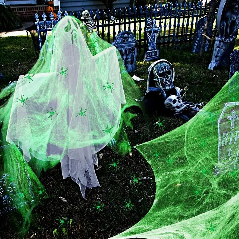 Glowing Spider Web Decoration with Luminous Cobweb and Plastic Spiders