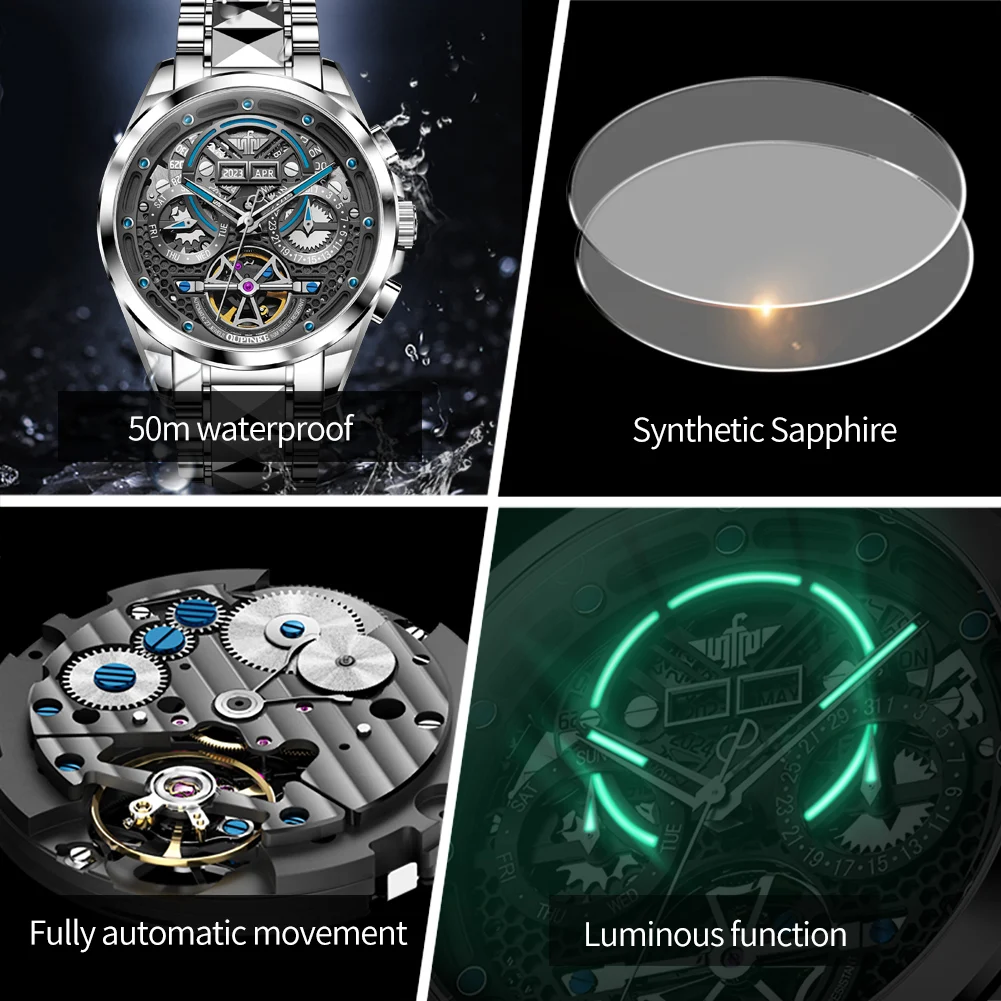 OUPINKE 3249 Men Watch Top Brand 50m Waterproof Mechanical Watch For Men Hollow Skeleton Synthetic Sapphire Mirror Wristwatch