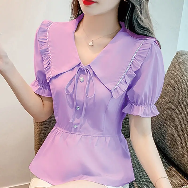 러플 엣지 활 레이스 블라우스, 반팔, 단색, 루즈 단추 플리츠 셔츠, 상의, 스위트 패션, 여성 의류, 여름 신상