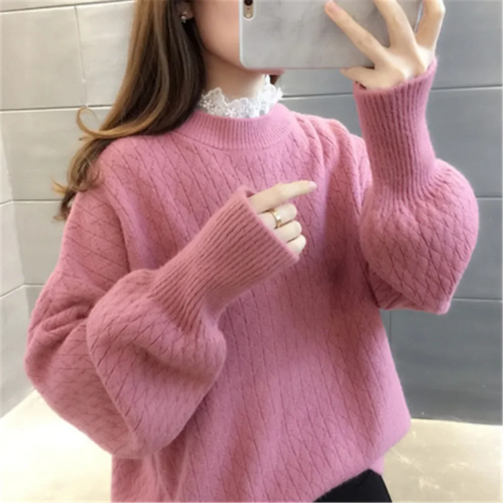 

White Mohair Thicken Turtleneck Sweater Pullove Autumn Winter Sweet Fashion Lantern Sleeve Casual Solid Color Pullover pull