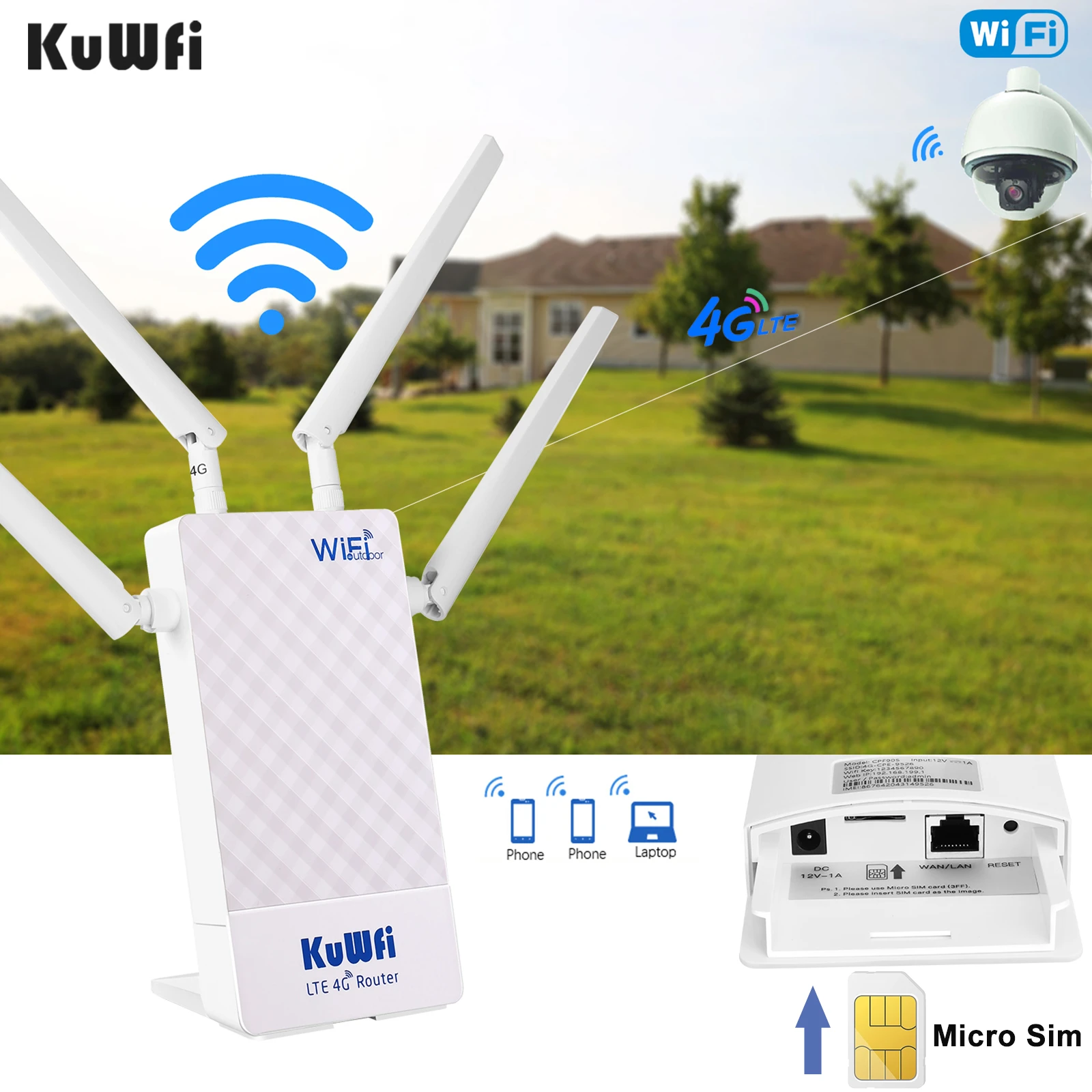 KuWFi 4G Router Luar Ruangan 4G LTE Kartu SIM WiFi Router Tahan Air  Mendukung Port Pemetaan Pengaturan DMZ untuk 48V POE Switch Kamera POE