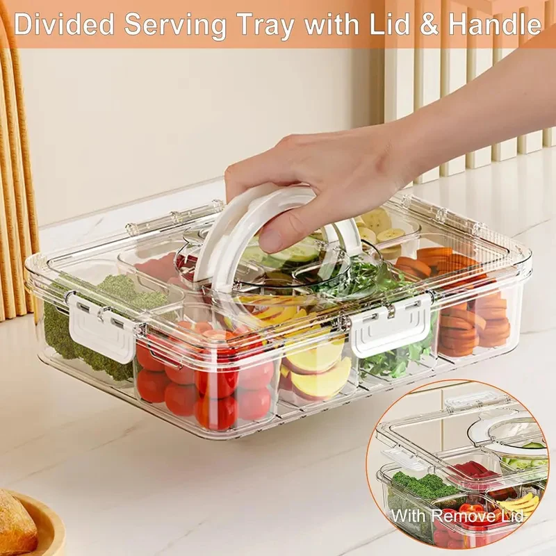 Gemüsebox mit Deckel und Griff, geteilte Servierschale, Snack-Spinner, tragbare Snackle-Boxen für Süßigkeiten, Obst, Nüsse, transparente Kühlschrankbox