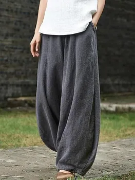 2024 Cotton Linen Bloomers Wide Leg Pants Women Vintage Full Length Fashion Elegent Pants Solid Elasitic Waist Spring Autumn 5XL 1