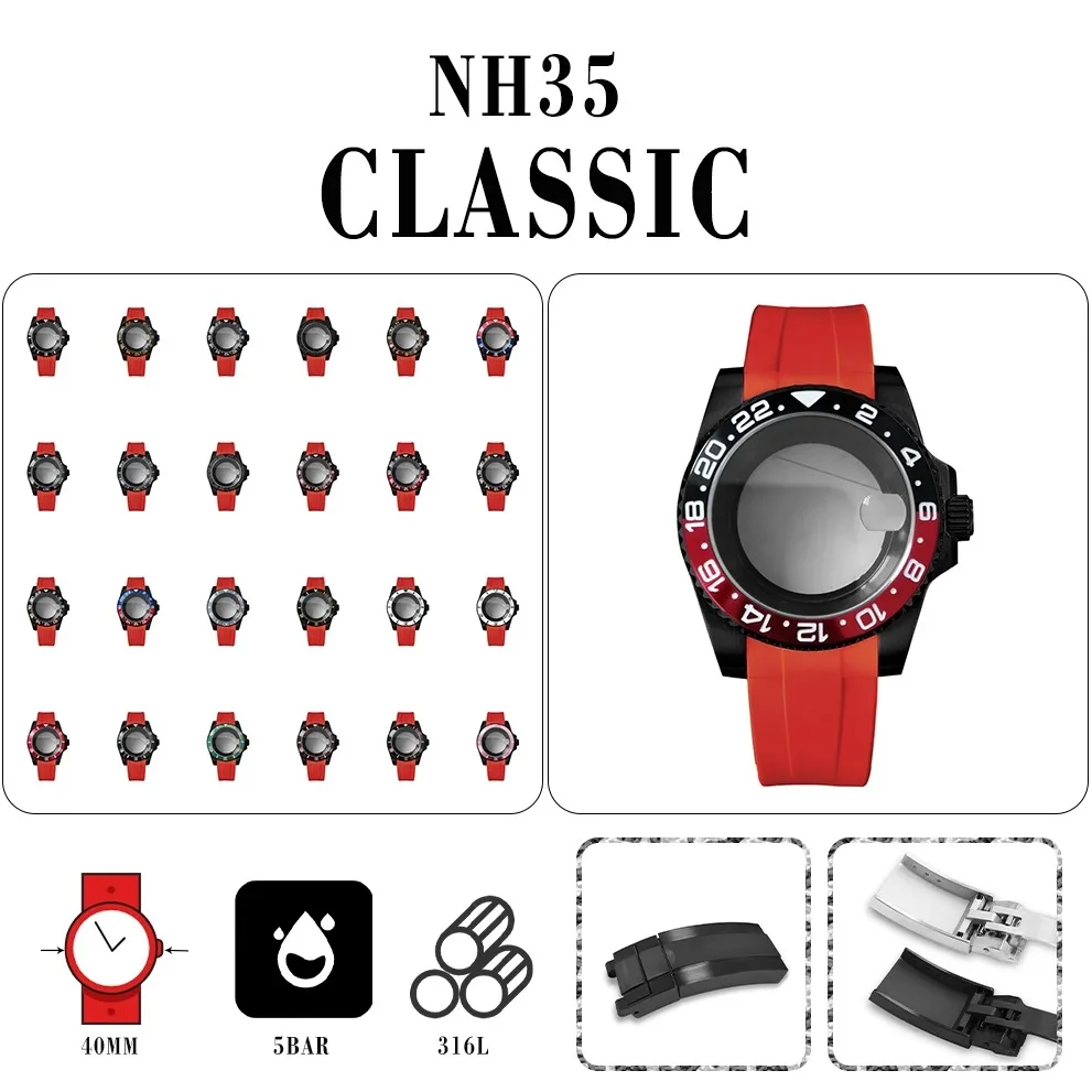 

316L stainless steel, galvanized black sheer case + red strap, sapphire magnifying glass, suitable for NH35/36 movement