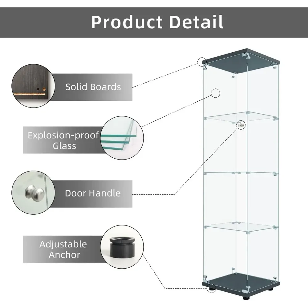 65”x17”x14” Display Cabinet with Door & Lock, Quick-Install Tempered Glass Floor Standing Bookshelf, 4-Shelf Display Cabinet 4