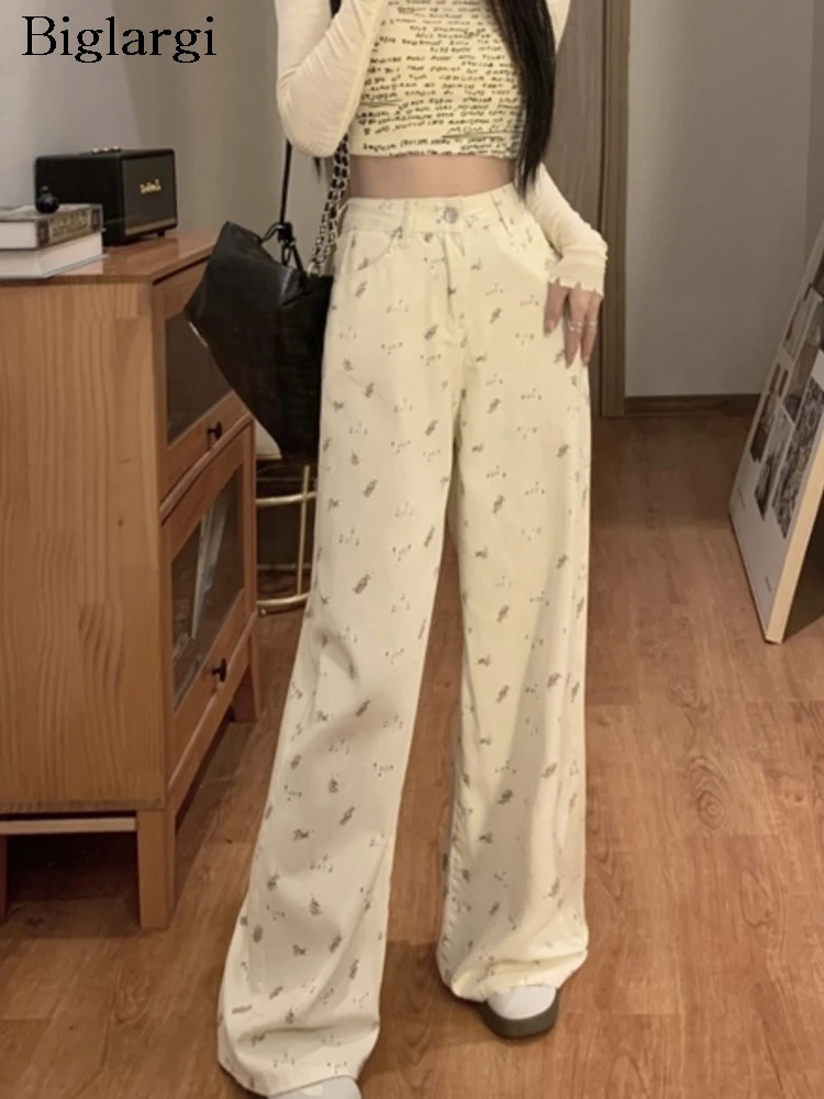

High Waist Jeans Spring Summer Straight Pant Women Bear Print Modis Casual Ladies Trousers Korean Style Loose Pleated Woman Pant