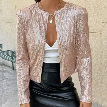Elegant Chic Blazer Shining Sequins Short Coat New Fashion Long Slevee O-neck Cardigan Jacket Open Front Outwear Female Clothing 1