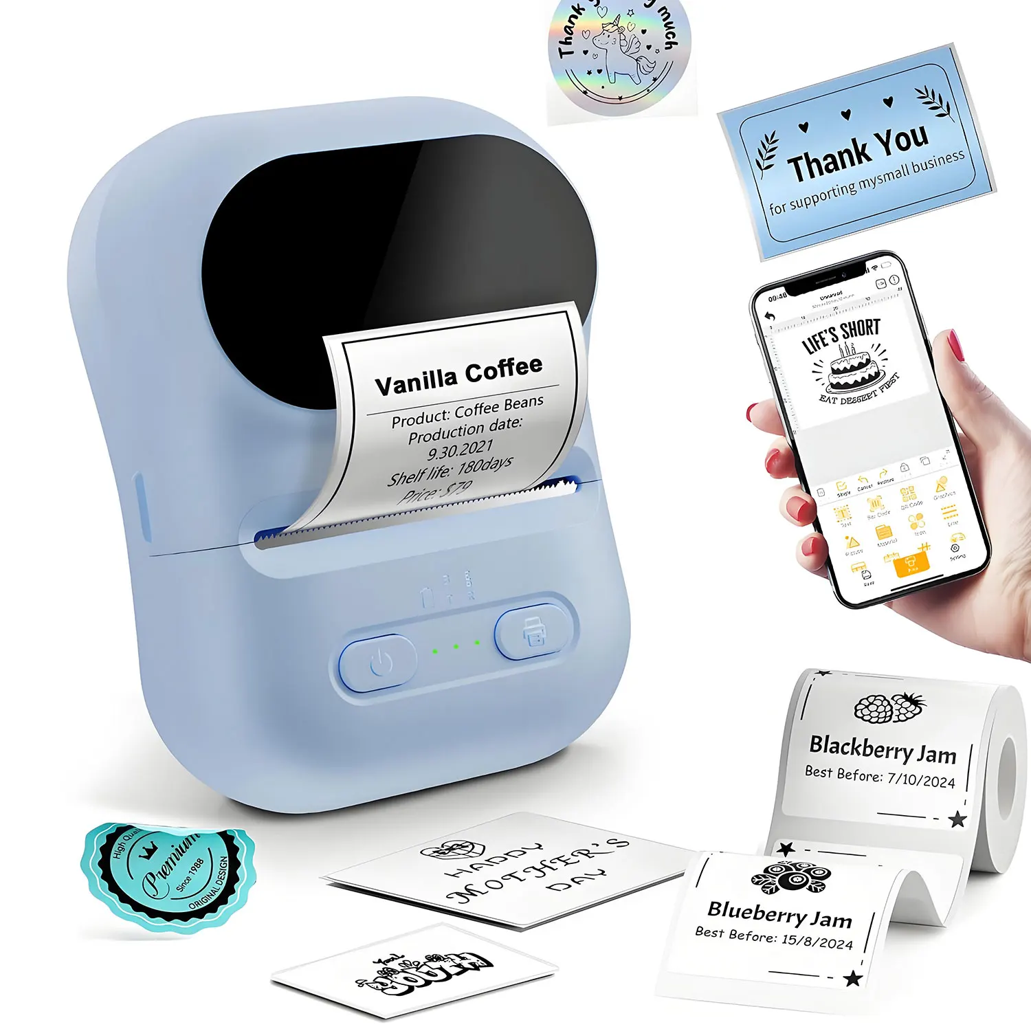 P5 휴대용 열전사 라벨 프린터, 무선 블루투스 충전식 스티커 제작기, 잉크 토너 없음, 라벨 롤 1개 포함