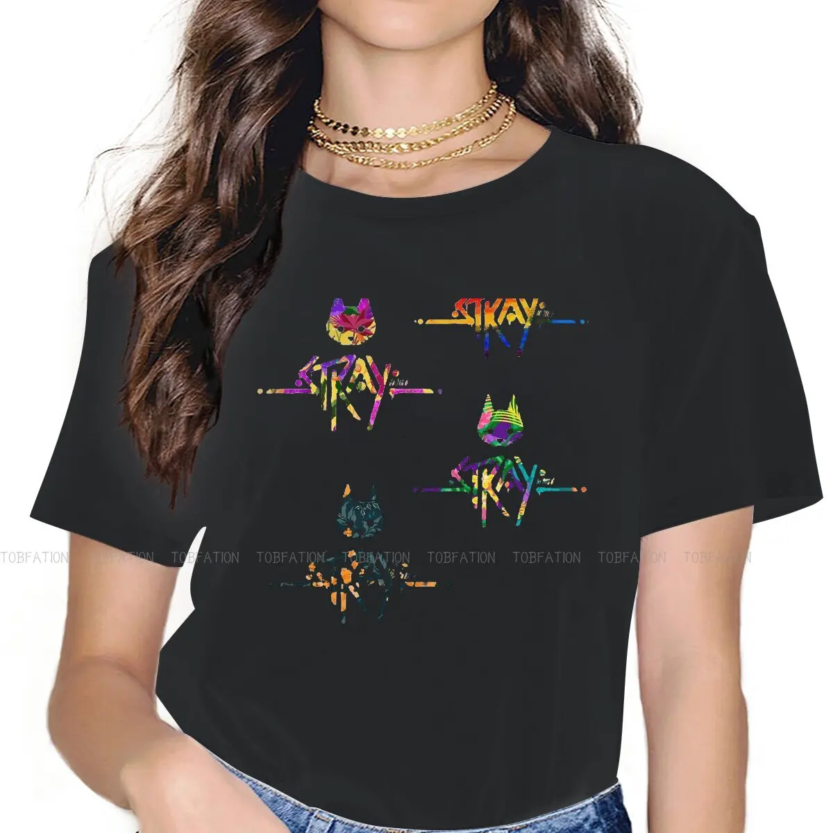 

Cute Cat Head Women Clothes Stray Game Oversized T-shirt Goth Vintage Female Top