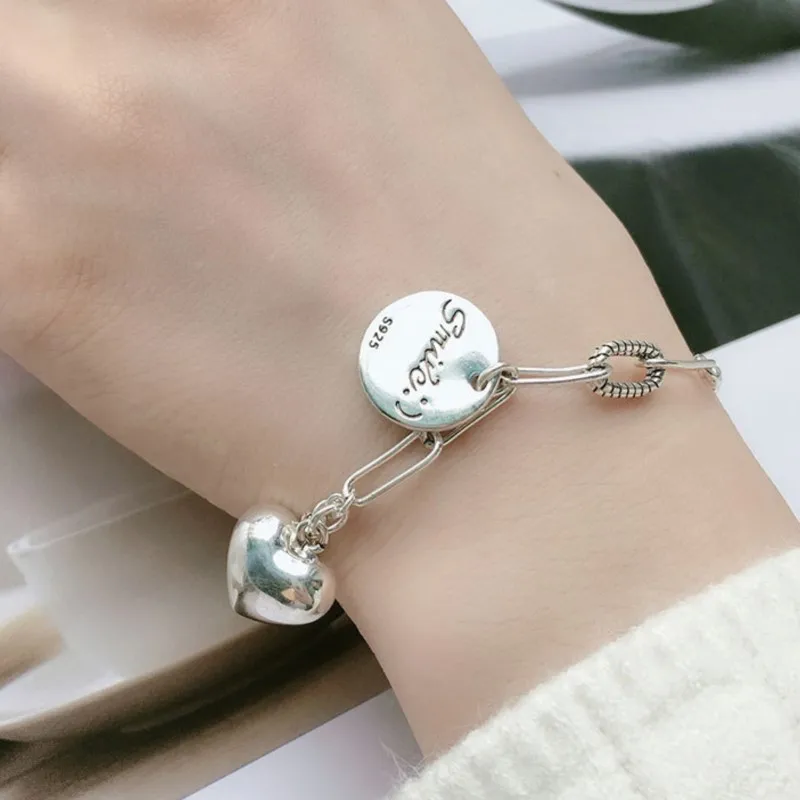 Thai Silver Round Love Heart Pendant Bracelets for Men Women Lady Street Hip Hop Thick Charm Chain Party Jewelry Couple Gift