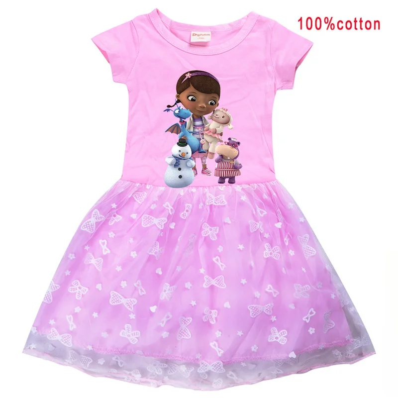 thumbnail image 1 of Disney Doc McStuffins vestidos de verano para niñas, Camiseta de algodón con malla de gasa de encaje, ropa para niños, regalo de fiesta de cumpleaños, 1 of 5